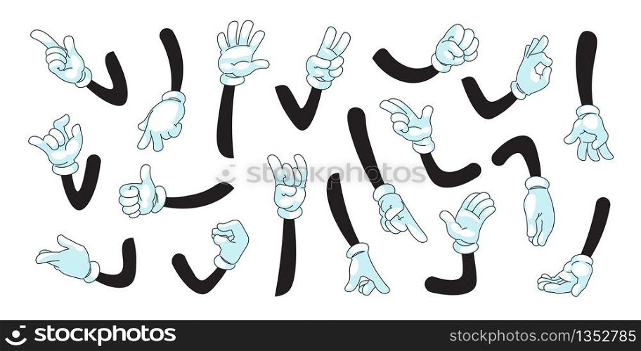 Cartoon arms. Human or mascot characters in white gloves showing gestures with palms and fingers. Vector illustration comic symbols collection with black contour hands gloves set. Cartoon arms. Human or mascot characters in white gloves showing gestures with palms and fingers. Vector comic symbols collection
