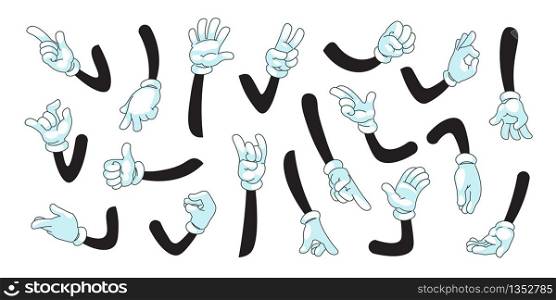 Cartoon arms. Human or mascot characters in white gloves showing gestures with palms and fingers. Vector illustration comic symbols collection with black contour hands gloves set. Cartoon arms. Human or mascot characters in white gloves showing gestures with palms and fingers. Vector comic symbols collection