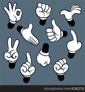 Cartoon arms. Various hands with different gesture, doodle gloved pointing hands, human point arm. Vintage comic vector illustration set. Cartoon arms. Various hands with different gesture, doodle gloved pointing hands, human point arm. Vintage vector illustration set