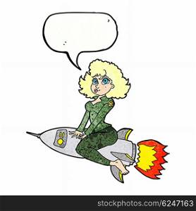 cartoon army pin up girl riding missile] with speech bubble