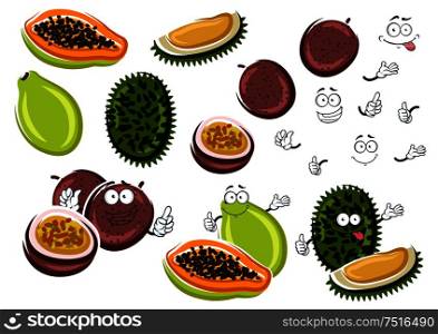 Cartoon aroma papaya, juice maracuja and smelly durian fruits. Exotic thai fruits characters for tropical dessert recipe or healthy food theme design . Papaya, maracuja and durian fruits