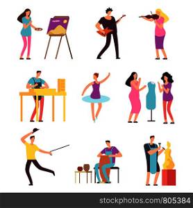 Cartoon artists and musicians vector isolated characters in creative artistic hobbies. People hobby, artistic drawing and playing, amateur painter and sculpture illustration. Cartoon artists and musicians vector isolated characters in creative artistic hobbies