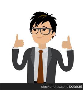 Cartoon Asian Businessman shows both hands a sign Thumb Up,flat vector illustration