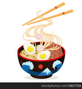 Cartoon asian cuisine delicious ramen noodles bowl. Traditional japanese dish, delicious soup with fish, egg, seaweed and meat vector illustration. Asian ramen noodle soup with chopsticks. Cartoon asian cuisine delicious ramen noodles bowl. Traditional japanese dish, delicious soup with fish, egg, seaweed and meat vector illustration. Asian ramen noodle soup