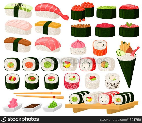 Cartoon asian cuisine rolls, sushi, sashimi dishes. Japanese oriental cuisine, seaweed, rice, fish and meat meals vector illustration set. Traditional sushi dishes in assortment with vegetables. Cartoon asian cuisine rolls, sushi, sashimi dishes. Japanese oriental cuisine, seaweed, rice, fish and meat meals vector illustration set. Traditional sushi dishes
