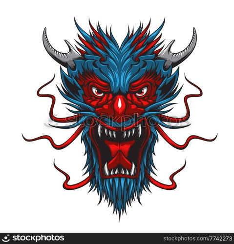 Cartoon asian dragon monster beast mascot head. China, Japan or Thailand mythology monster, fantasy creature or zodiac animal vector angry face. Furious roaring dragon with horns and sharp fangs. Cartoon asian dragon monster beast mascot head