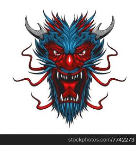 Cartoon asian dragon monster beast mascot head. China, Japan or Thailand mythology monster, fantasy creature or zodiac animal vector angry face. Furious roaring dragon with horns and sharp fangs. Cartoon asian dragon monster beast mascot head