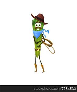 Cartoon asparagus cowboy character with lasso. Funny vegetable vector character wearing cowboy hat, bandana and boots. Comical wild west rodeo cowboy asparagus personage with lasso rope. Cartoon asparagus cowboy character with lasso