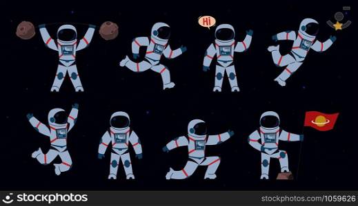 Cartoon astronaut. Cosmonaut characters in different poses running, standing and walking, flying. Cosmic hero in space suit vector comics party spaceman set. Cartoon astronaut. Cosmonaut characters in different poses running, standing and walking, flying. Cosmic hero in space suit vector set