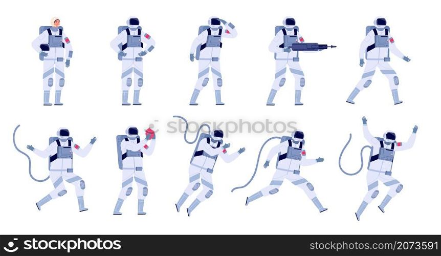 Cartoon astronaut. Flat astronauts group, astronomy party characters. Spaceman costume design, adult cosmonaut in universe utter vector set. Illustration space astronaut, spaceman cartoon. Cartoon astronaut. Flat astronauts group, astronomy party characters. Spaceman costume design, adult cosmonaut in universe utter vector set