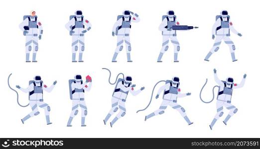 Cartoon astronaut. Flat astronauts group, astronomy party characters. Spaceman costume design, adult cosmonaut in universe utter vector set. Illustration space astronaut, spaceman cartoon. Cartoon astronaut. Flat astronauts group, astronomy party characters. Spaceman costume design, adult cosmonaut in universe utter vector set