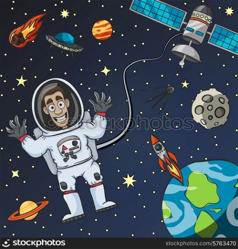 Cartoon astronaut in space with satellite moon earth and flying saucer on background vector illustration. Astronaut In Space