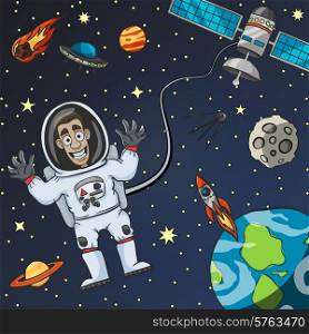 Cartoon astronaut in space with satellite moon earth and flying saucer on background vector illustration. Astronaut In Space