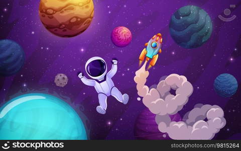 Cartoon astronaut, planets and outer space landscape. Vector funny cosmonaut float in weightlessness and spaceship with cloud trail flying in Universe with shining stars. Interstellar journey, trip. Cartoon astronaut, planets and space landscape