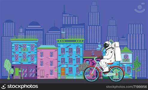 Cartoon astronaut riding bicycle in the city design.