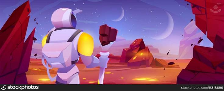 Cartoon astronaut standing on alien planet. Vector cartoon illustration of space explorer character looking at cosmic landscape with rocky stones, neon yellow magma glowing underground, stars in sky. Cartoon astronaut standing on alien planet