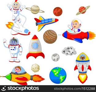 Cartoon astronaut with spaceship collection set