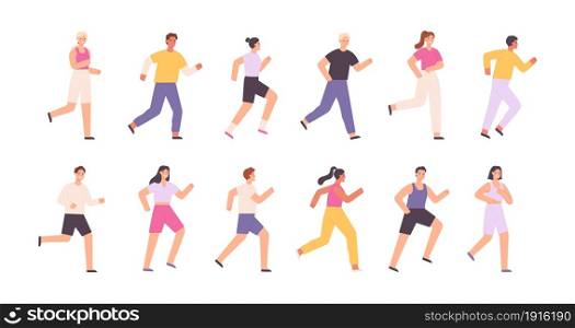 Cartoon athlete characters jogging, running marathon or race. Runners on sport event. Healthy lifestyle activity. People exercise vector set. Man and woman in sportswear doing fitness. Cartoon athlete characters jogging, running marathon or race. Runners on sport event. Healthy lifestyle activity. People exercise vector set