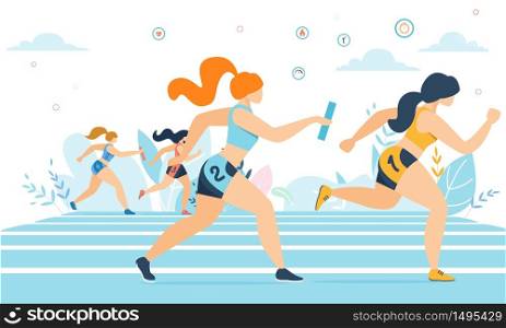 Cartoon Athlete Women Characters in Sportswear Taking Part in Running Race Marathon on Track. Jogging Sports Competition. Outdoor Workout, Exercise. Healthy Active Lifestyle. Vector Flat Illustration. Cartoon Women Taking Part in Running Marathon