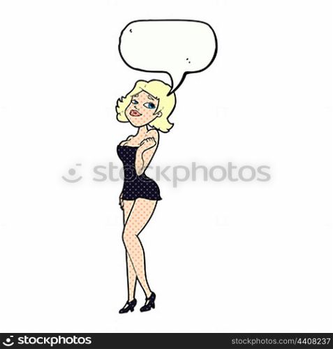 cartoon attractive woman in short dress with speech bubble
