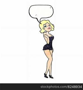 cartoon attractive woman in short dress with speech bubble