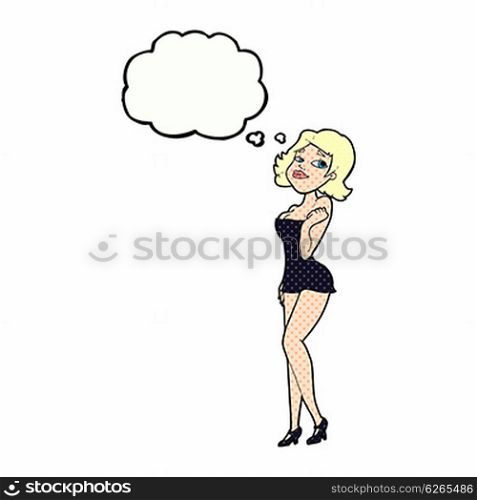 cartoon attractive woman in short dress with thought bubble