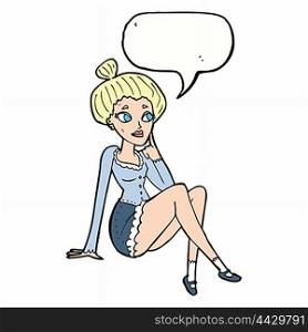 cartoon attractive woman sitting thinking with speech bubble