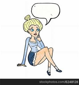 cartoon attractive woman sitting thinking with speech bubble
