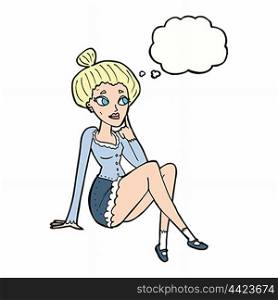 cartoon attractive woman sitting thinking with thought bubble
