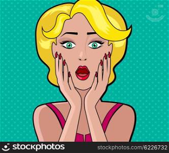 Cartoon attractive woman WOW. Face girl, retro and vintage fashion female, character person, art pop, look and open mouth, speech and surprise illustration. Woman shopping, comic female, art girl