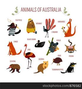 Cartoon Australian animals and birds for kids design. Vector funny zoo of kangaroo, koala or Emu ostrich and platypus, wombat or lyrebird and possum in clothes. Australian animals vector cartoon design