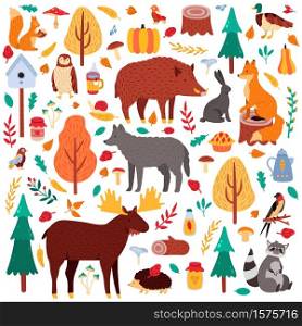 Cartoon autumn animals. Cute woodland birds and animals, moose duck wolf and squirrel, wild woods fauna isolated vector illustration icons set. Raccoon and hog, rabbit, tree woodland, bird and bear. Cartoon autumn animals. Cute woodland birds and animals, moose duck wolf and squirrel, wild woods fauna isolated vector illustration icons set