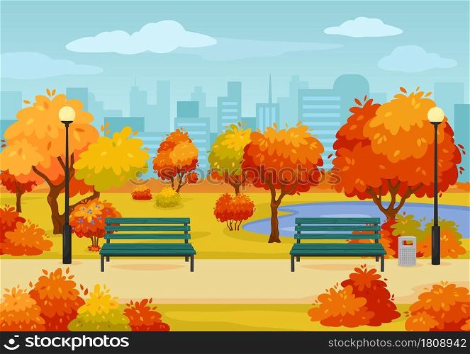 Cartoon autumn city park street with benches, trees and bushes. Fall season outdoor scene parks walkway, yellow and red tree vector illustration. Natural landscape and skyline with skyscapers. Cartoon autumn city park street with benches, trees and bushes. Fall season outdoor scene parks walkway, yellow and red tree vector illustration