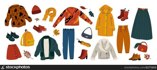 Cartoon autumn clothing. Fall season wears. Shoes and accessories. Knitted scarves. Hats and gloves. Yellow raincoat. Folding umbrella. Trousers and sweater. Garish vector isolated casual clothes set. Cartoon autumn clothing. Fall season wears. Shoes and accessories. Knitted scarves. Hats and gloves. Folding umbrella. Trousers and sweater. Garish vector isolated casual clothes set