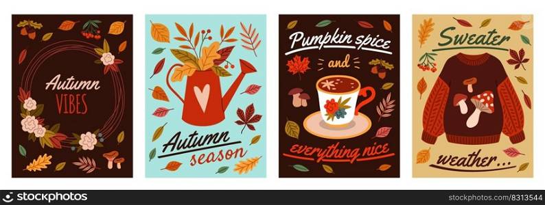 Cartoon autumn elements cards. Fall mood posters, yellow orange leaves, warm sweater, hot beverage, seasonal nature symbols, plants and berries, cozy mood hand drawn lettering tidy vector isolated set. Cartoon autumn elements cards. Fall mood posters, yellow orange leaves, warm sweater, hot beverage, seasonal nature symbols, plants and berries, cozy mood lettering tidy vector isolated set