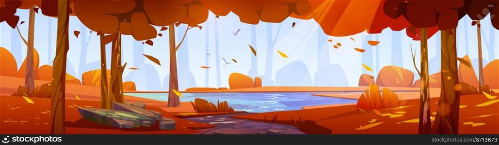 Cartoon autumn forest panoramic background with clear lake under orange trees with falling leaves and sunshine reflect in crystal water. Wild nature landscape, scenery wood, Vector illustration. Cartoon autumn forest background with clear lake
