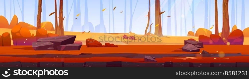 Cartoon autumn forest, wood nature landscape with yellow grass, trees and orange bushes cross section ground view. Scenery natural parallax background for game, 2d panoramic scene, Vector illustration. Cartoon autumn forest, 2d wood nature landscape