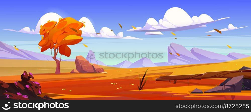 Cartoon autumn landscape, mountain valley nature background with orange rocky plain under blue sky with clouds, falling leaves and stones, beautiful scenery fall scenic view, Vector illustration. Cartoon autumn landscape, mountain valley scene