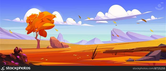Cartoon autumn landscape, mountain valley nature background with orange rocky plain under blue sky with clouds, falling leaves and stones, beautiful scenery fall scenic view, Vector illustration. Cartoon autumn landscape, mountain valley scene