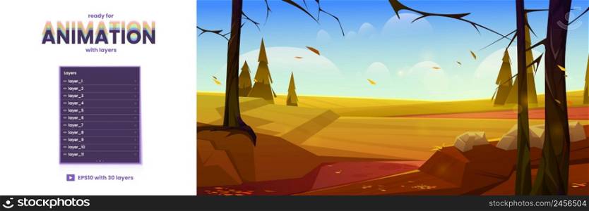 Cartoon autumn nature landscape layers ready for 2d game animation. Rural dirt road going along bare trees under blue sky with rare clouds, scenery wood parallax background, Vector illustration. Cartoon autumn nature landscape animation layers