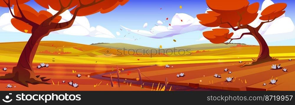 Cartoon autumn nature landscape, rural fall scene with road in field with yellow grass, flowers, orange trees and hills under blue sky with fluffy clouds scenery natural background Vector illustration. Cartoon autumn nature landscape, rural fall scene