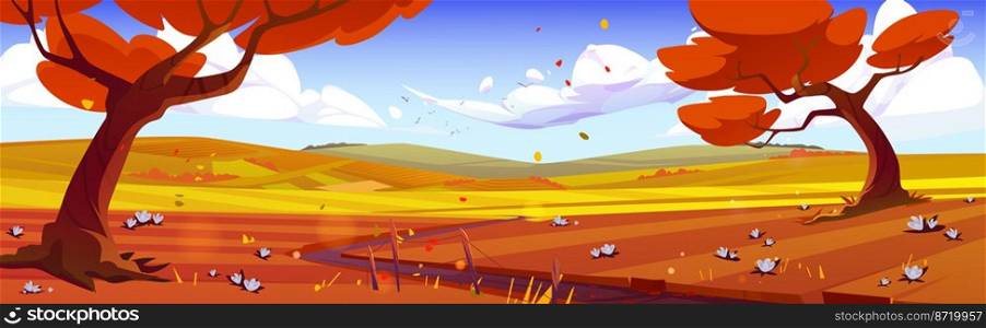 Cartoon autumn nature landscape, rural fall scene with road in field with yellow grass, flowers, orange trees and hills under blue sky with fluffy clouds scenery natural background Vector illustration. Cartoon autumn nature landscape, rural fall scene