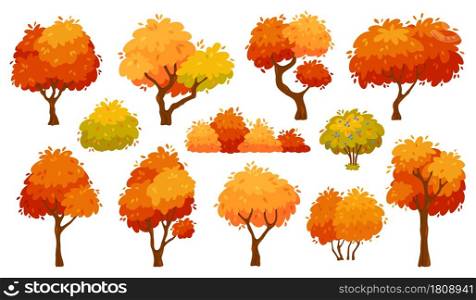 Cartoon autumn trees and bushes, yellow forest tree. Nature plants with red foliage and leaves. Fall season trees for park or garden vector set. Ecological elements, environment elements. Cartoon autumn trees and bushes, yellow forest tree. Nature plants with red foliage and leaves. Fall season trees for park or garden vector set