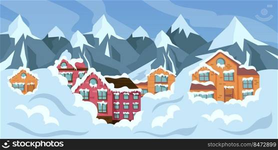 Cartoon avalanche. Snow natural disaster scene with buried houses. Vector illustration storm devastating avalanches. Cartoon avalanche. Snow natural disaster scene with buried houses. Vector illustration