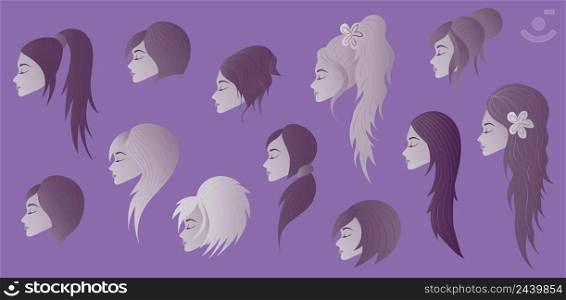 Cartoon avatar beautiful girls with different hairstyles set collection. Vector illustration.