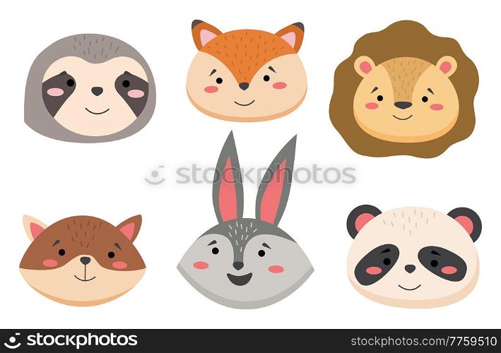 Cartoon avatar of the cute wild animals collection, childish characters portrait isolated on white background. Emoji funny animal. Embarrassed smile emotion. Template pattern icon. Logo, sticker. Cartoon avatar of the cute wild animals collection, childish characters portrait isolated on white