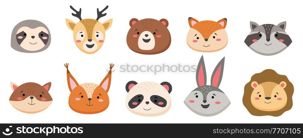 Cartoon avatar of the cute wild animals collection, smiling characters portrait isolated on white background. Emoji funny animal. Embarrassed smile emotion. Template pattern icon. Logo, sticker. Cartoon avatar of the cute wild animals collection, smiling characters portrait isolated on white