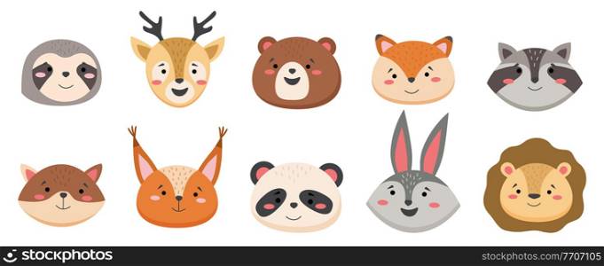 Cartoon avatar of the cute wild animals collection, smiling characters portrait isolated on white background. Emoji funny animal. Embarrassed smile emotion. Template pattern icon. Logo, sticker. Cartoon avatar of the cute wild animals collection, smiling characters portrait isolated on white