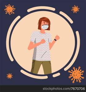 Cartoon avatar of young woman wearing face medical mask isolated in circle, flying virus pathogen around. Brunette female show fight gesture to virus spreading. Cartoon character in flat vector style. Flat style illustration with woman wearing medical mask fight against flying virus pathogen