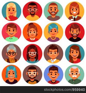 Cartoon avatars. People of different sexes, ages and races. Face avatars of multicultural characters portraits. Human crowd heads in round isolated vector nationalities set. Cartoon avatars. People of different sexes, ages and races. Face avatars of multicultural characters portraits. Human heads vector set
